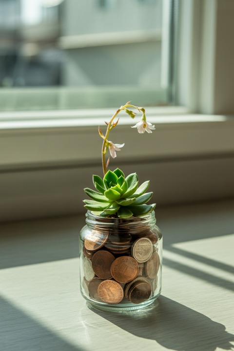 A plant growing out of a jar of coins