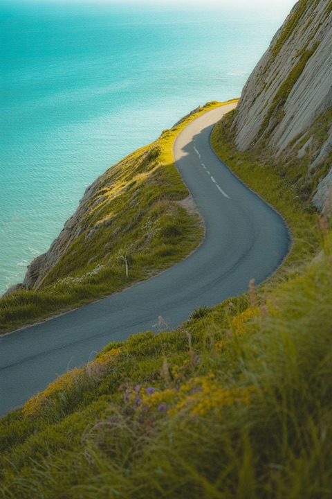 A winding coastal road above the sea